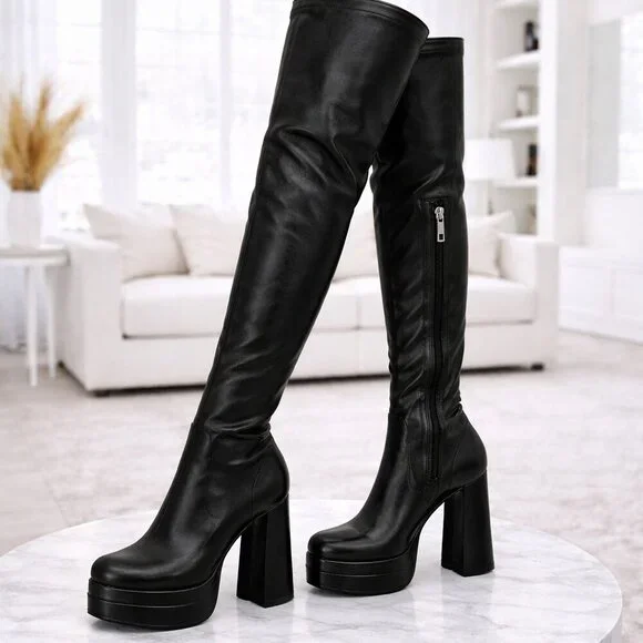 Thigh-High Black Platform Boots β Double Sole - Picture 14 of 15